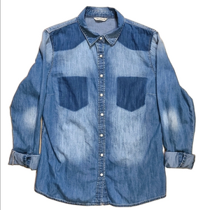 Mavi Women's Shirt Blue Denim Chambray Snap Button Down Faded Medium Wash